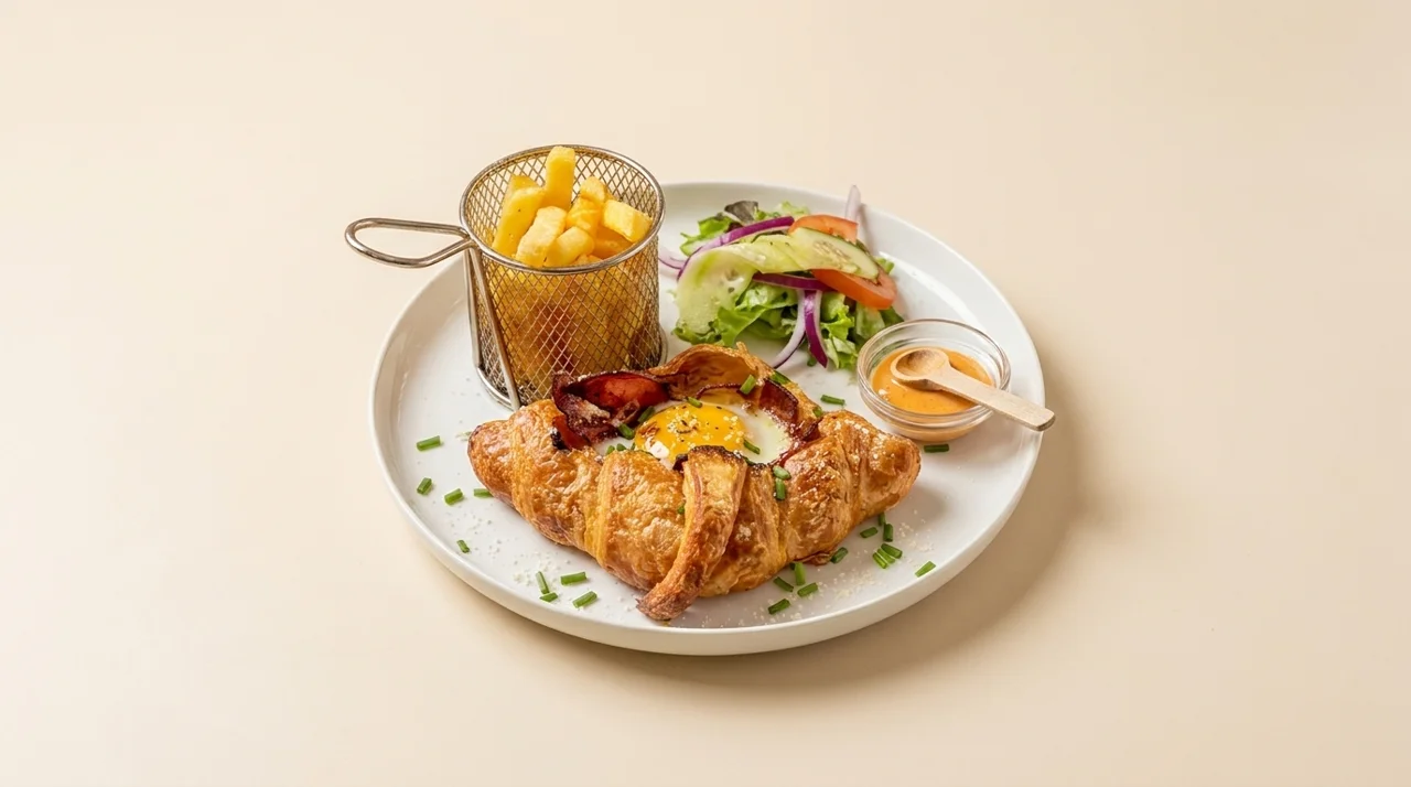 Chew's new savory croissant plate: croissant with baked egg and macon, a basket of fries, side salad and spicy aioli